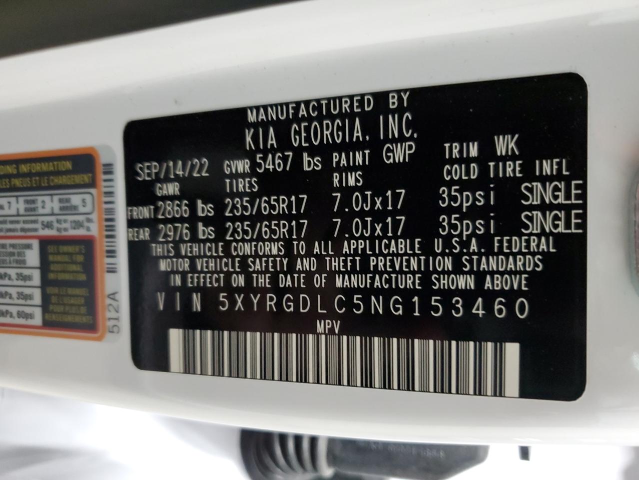 2022 KIA SORENTO LX VIN:5XYRGDLC5NG153460