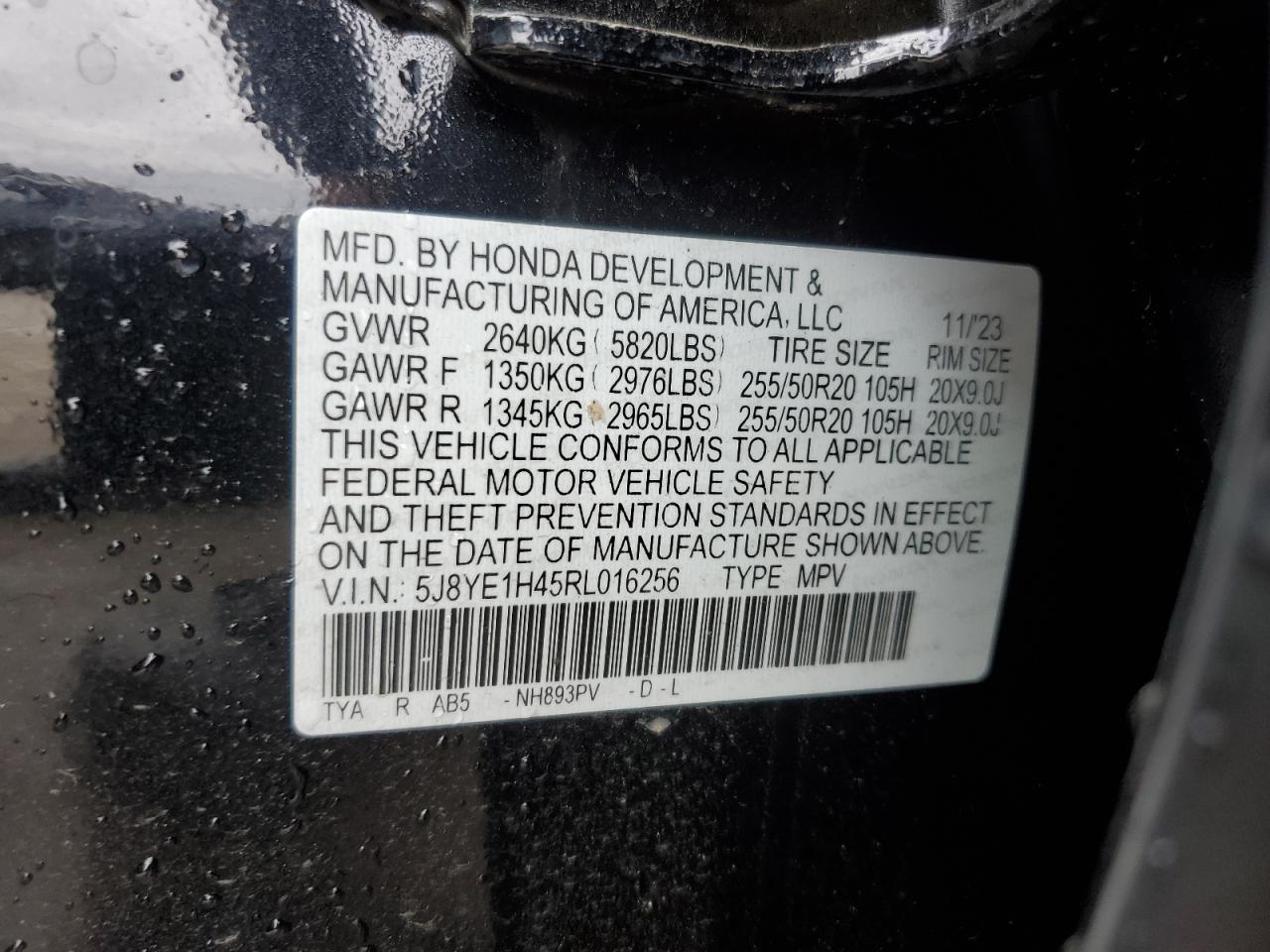 2024 ACURA MDX TECHNOLOGY VIN:5J8YE1H45RL016256