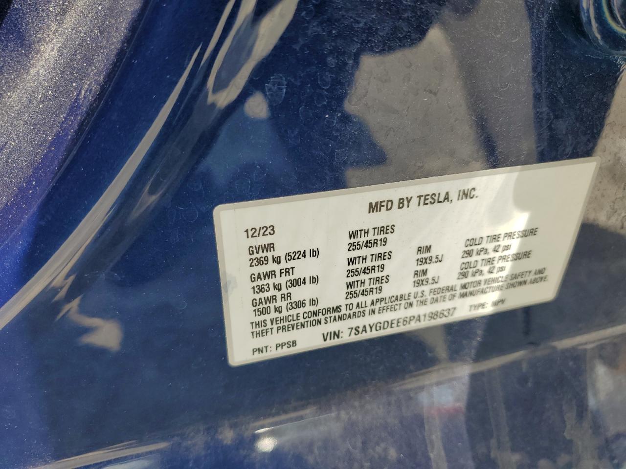 2023 TESLA MODEL Y VIN:7SAYGDEE6PA198637