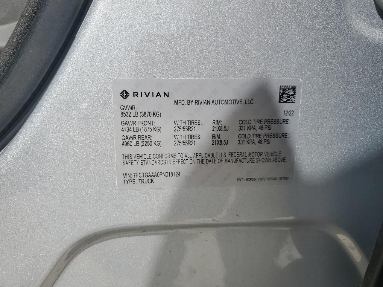 2023 RIVIAN R1T ADVENTURE VIN:7FCTGAAA0PN018124