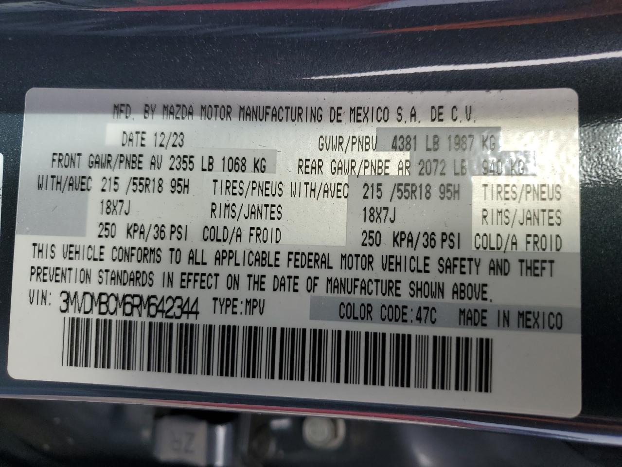 2024 MAZDA CX-30 PREFERRED VIN:19UUB1F30FA022779