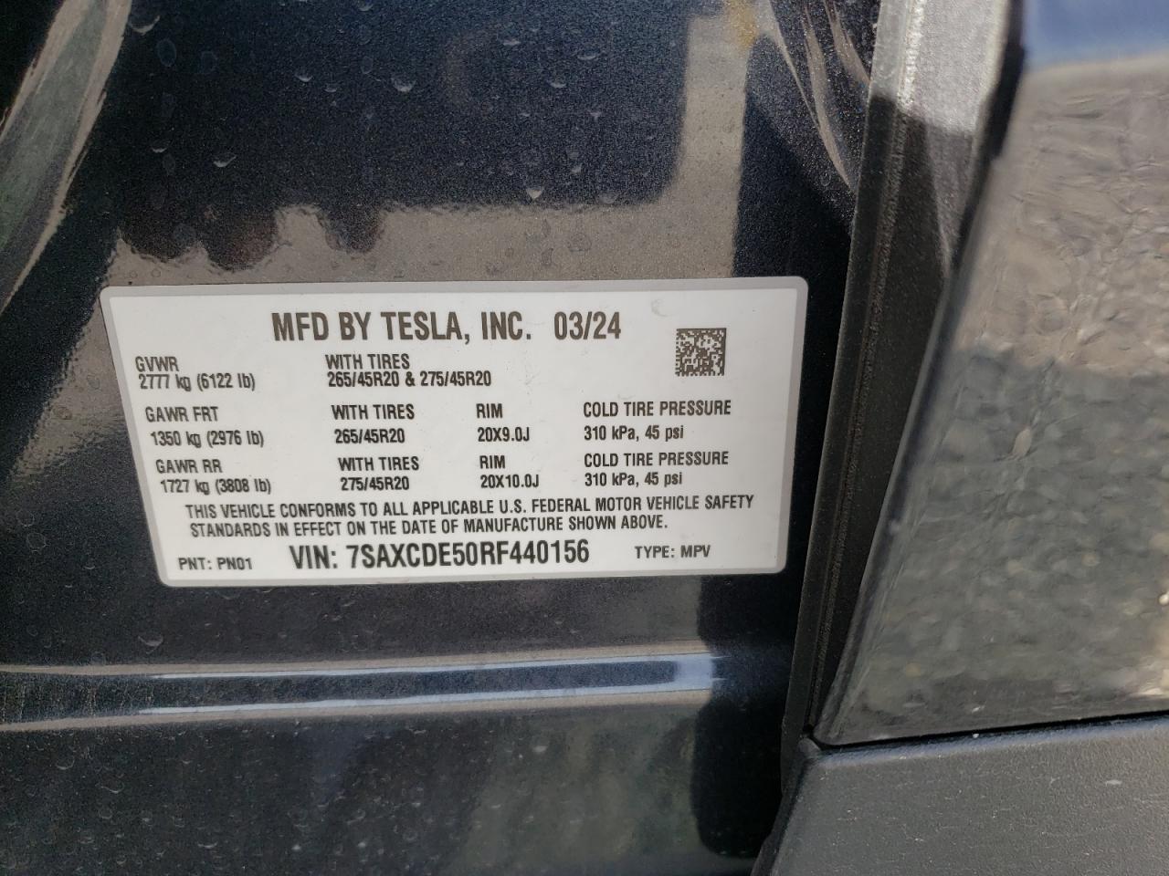 2024 TESLA MODEL X VIN:7SAXCDE50RF440156