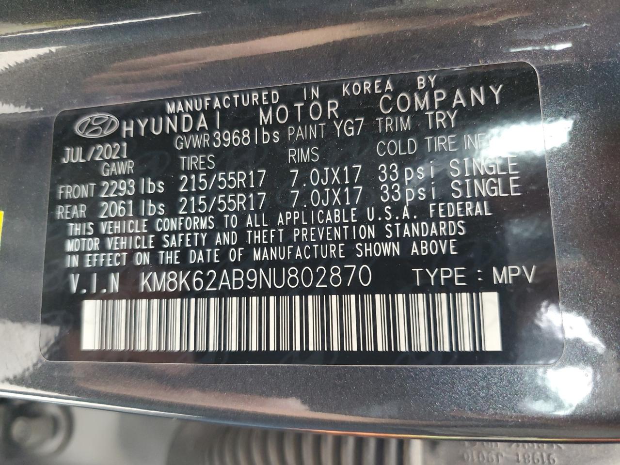 2022 HYUNDAI KONA SEL VIN:KM8K62AB9NU802870