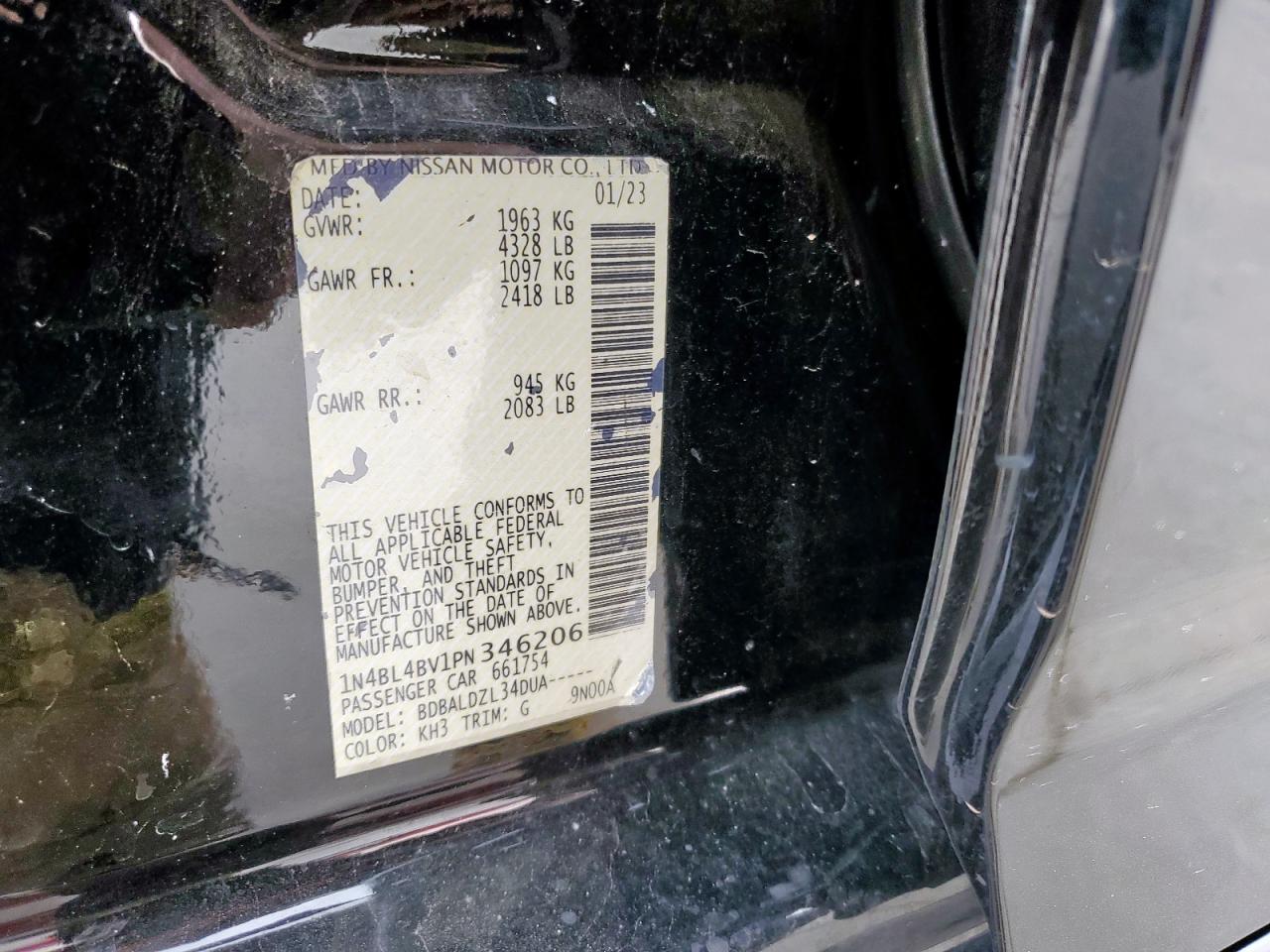 2023 NISSAN ALTIMA S VIN:1N4BL4BV1PN346206