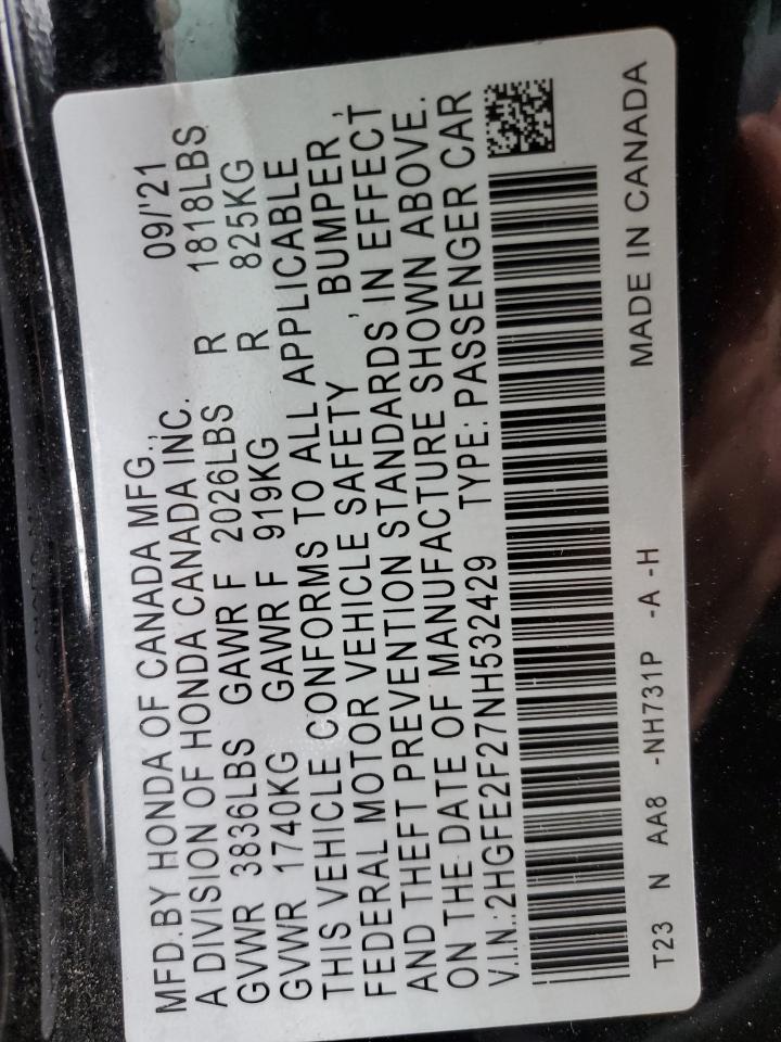2022 HONDA CIVIC LX VIN:2HGFE2F27NH532429