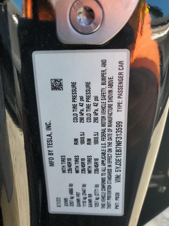 2022 TESLA MODEL 3 VIN:5YJ3E1EB7NF313599