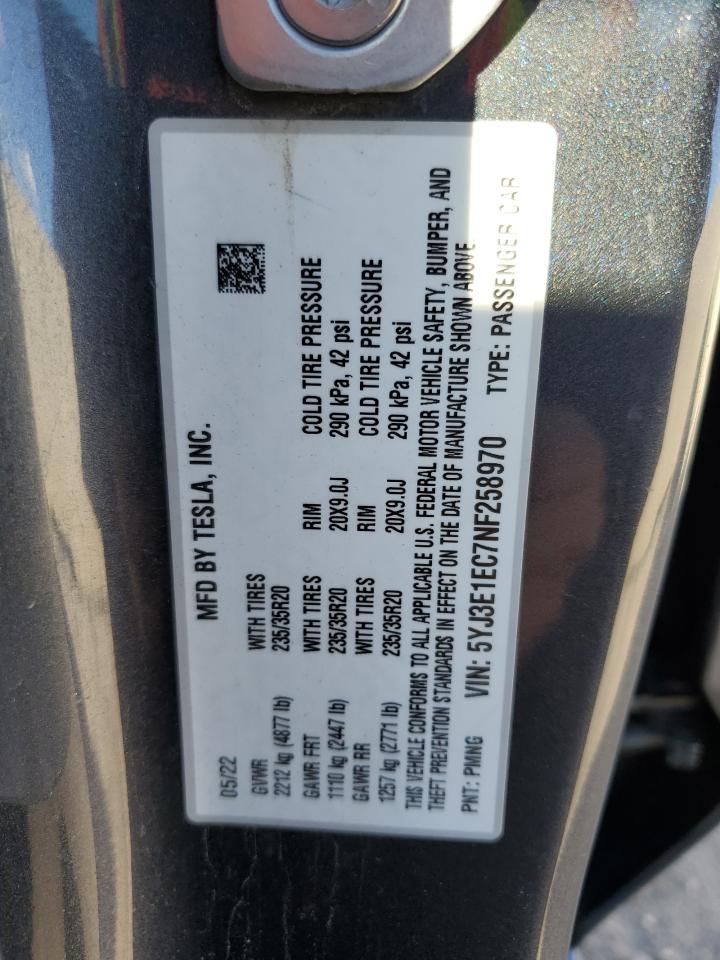 2022 TESLA MODEL 3 VIN:5YJ3E1EC7NF258970