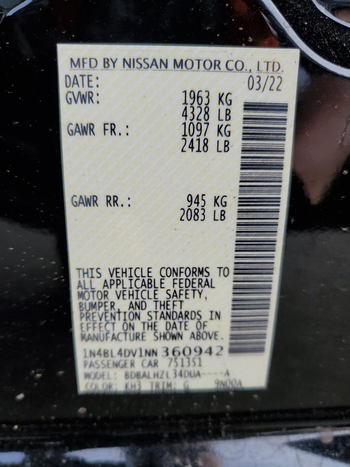 2022 NISSAN ALTIMA SV VIN:1N4BL4DV1NN360942