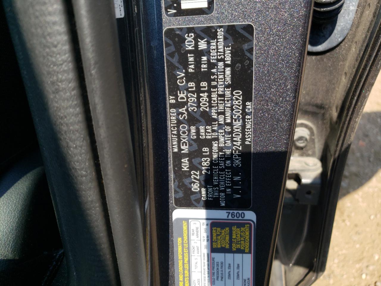 2022 KIA FORTE FE VIN:3KPF24ADXNE502820