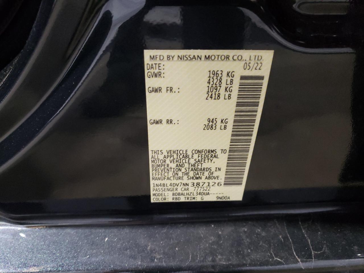 2022 NISSAN ALTIMA SV VIN:1N4BL4DV7NN387126