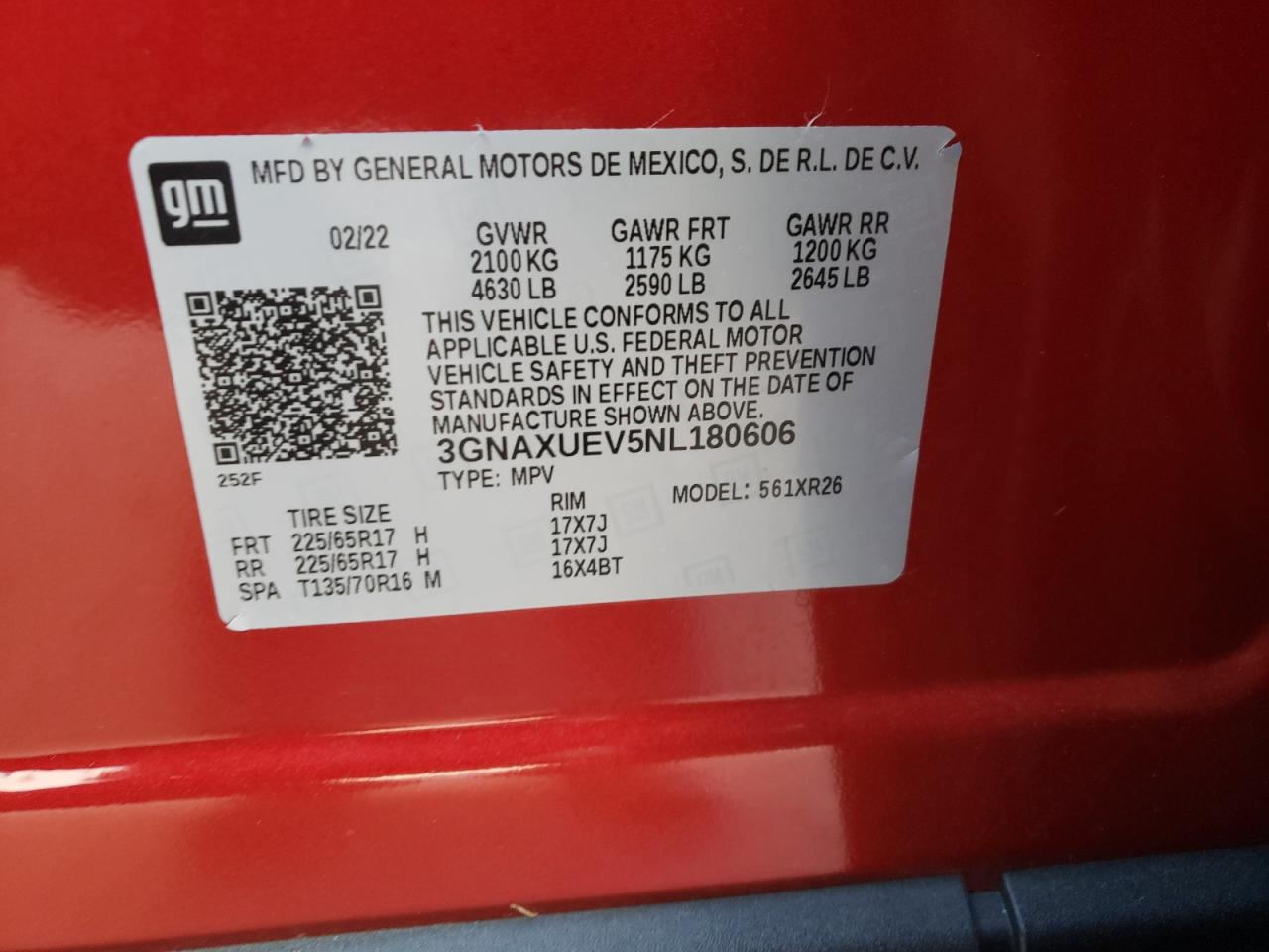 2022 CHEVROLET EQUINOX LT VIN:3GNAXUEV5NL180606