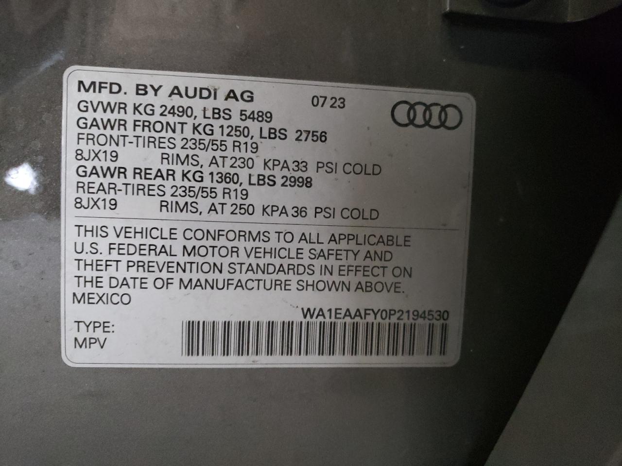 2023 AUDI Q5 PREMIUM PLUS 45 VIN:WA1EAAFY0P2194530