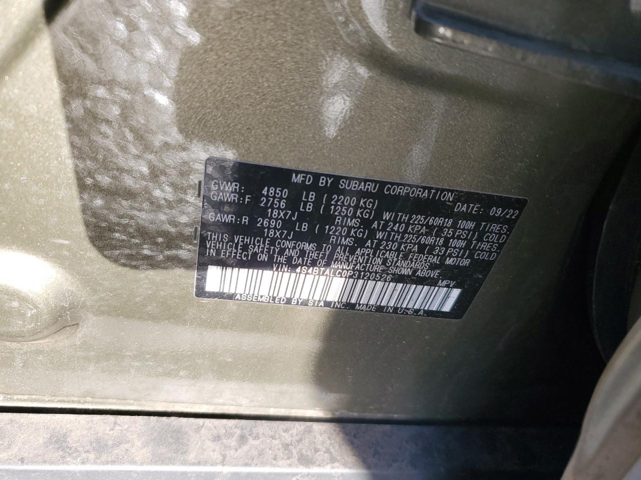 2023 SUBARU OUTBACK ONYX EDITION VIN:4S4BTALC0P3120526