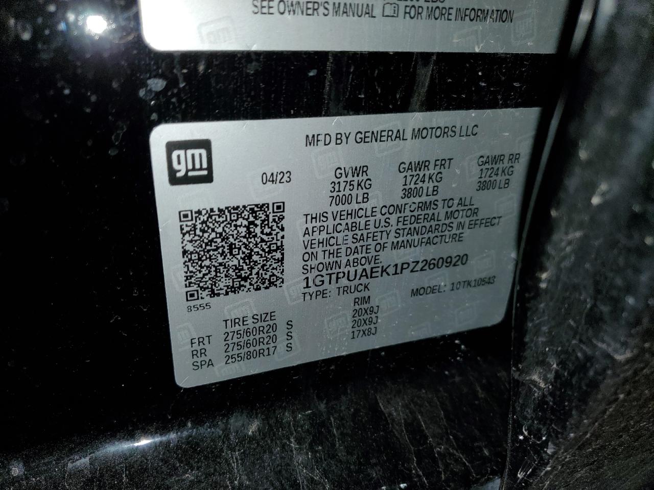 2023 GMC SIERRA K1500 VIN:1GTPUAEK1PZ260920