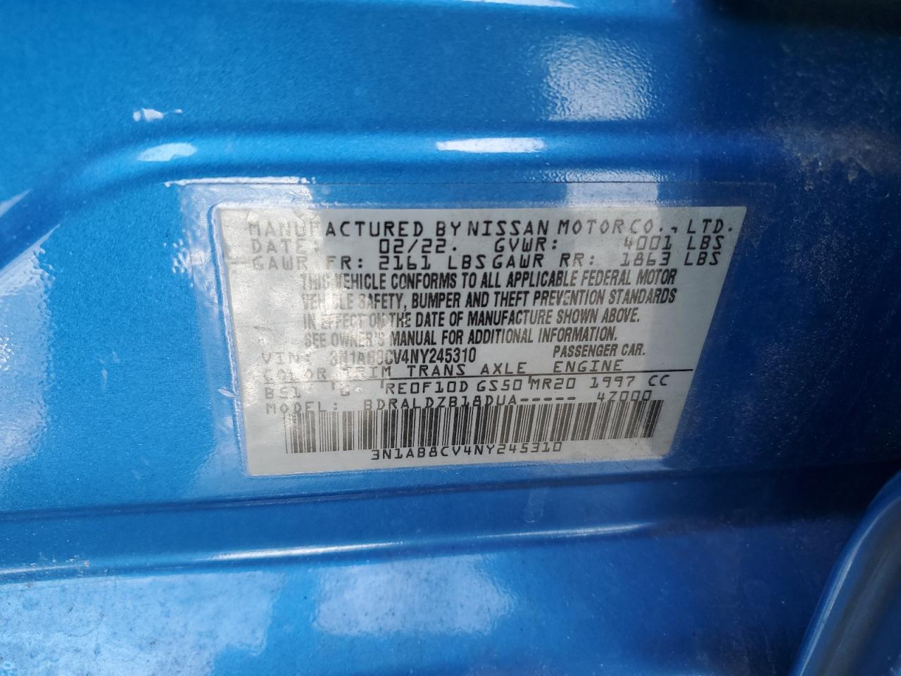 2022 NISSAN SENTRA SV VIN:3N1AB8CV4NY245310