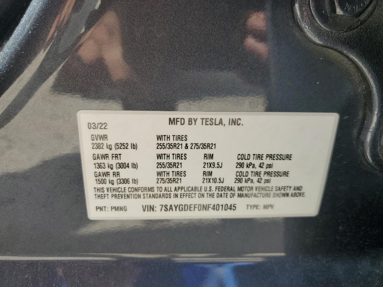 2022 TESLA MODEL Y VIN:7SAYGDEF0NF401045