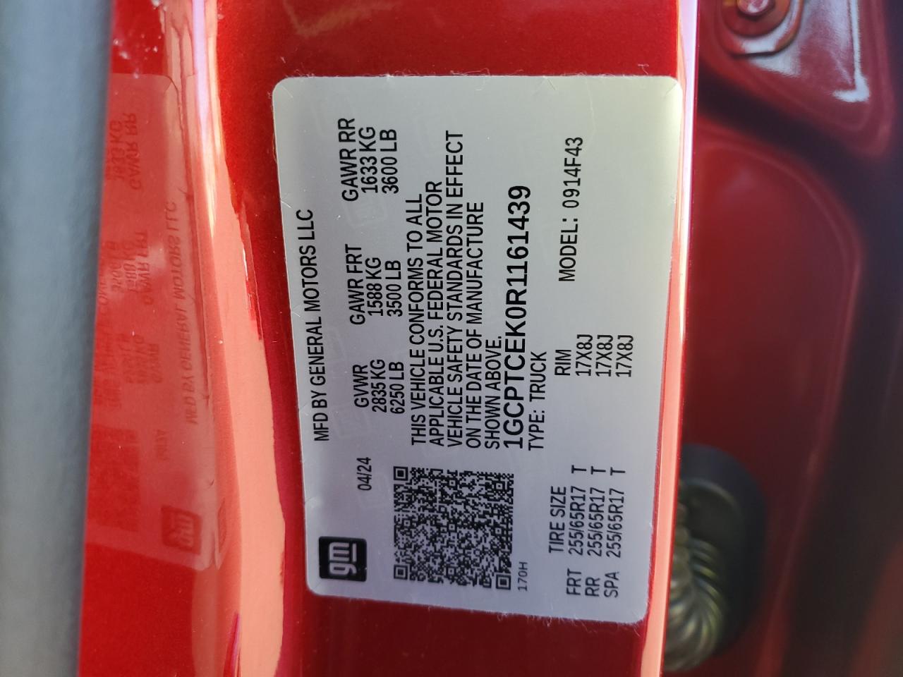 2024 CHEVROLET COLORADO LT VIN:1GCPTCEK0R1161439