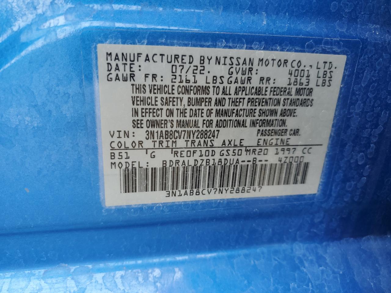 2022 NISSAN SENTRA SV VIN:3N1AB8CV7NY288247