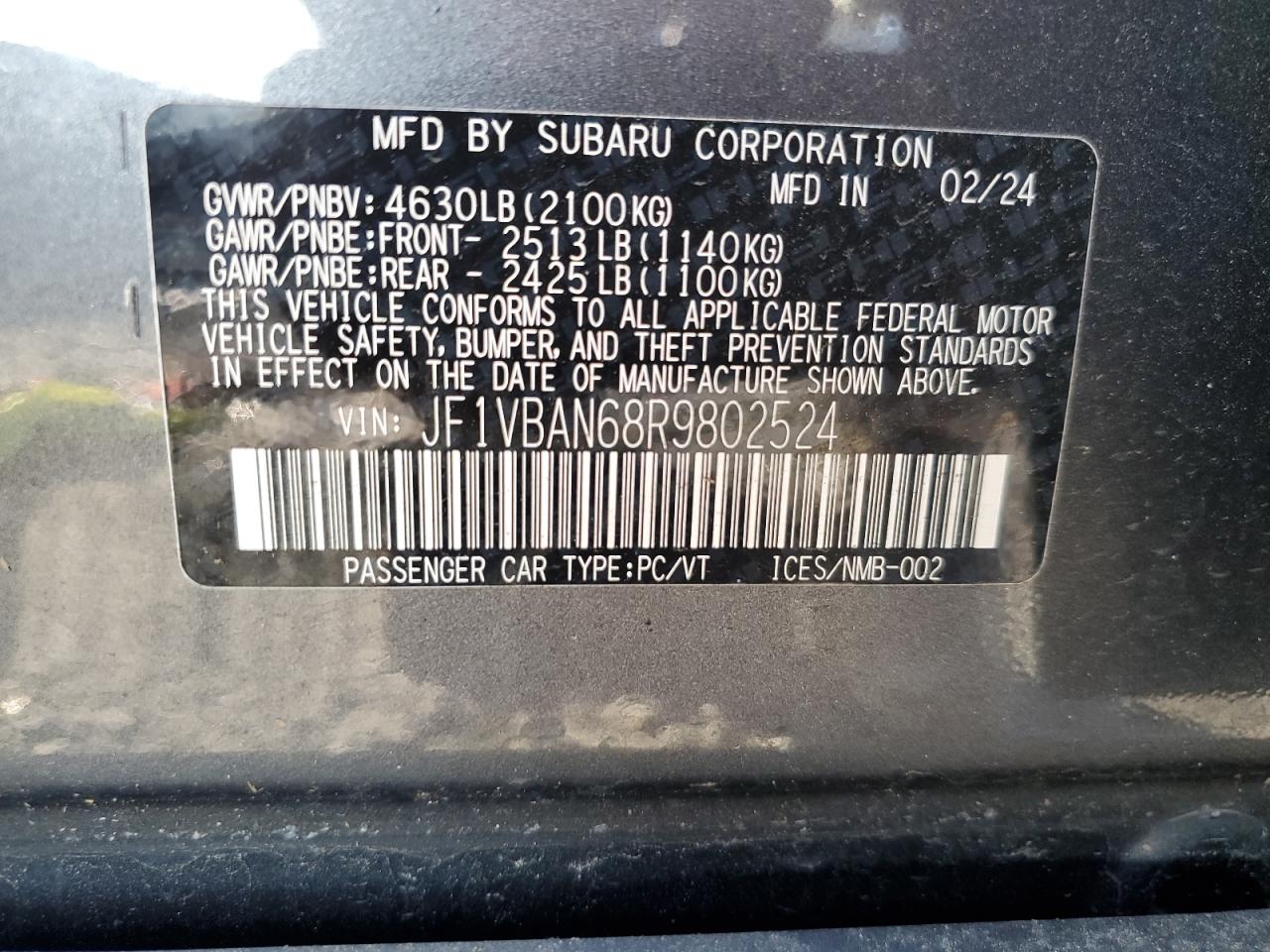 2024 SUBARU WRX LIMITED VIN:JF1VBAN68R9802524