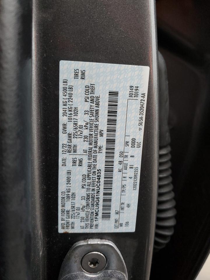 2022 FORD ESCAPE SE VIN:1FMCU9G61NUC04835