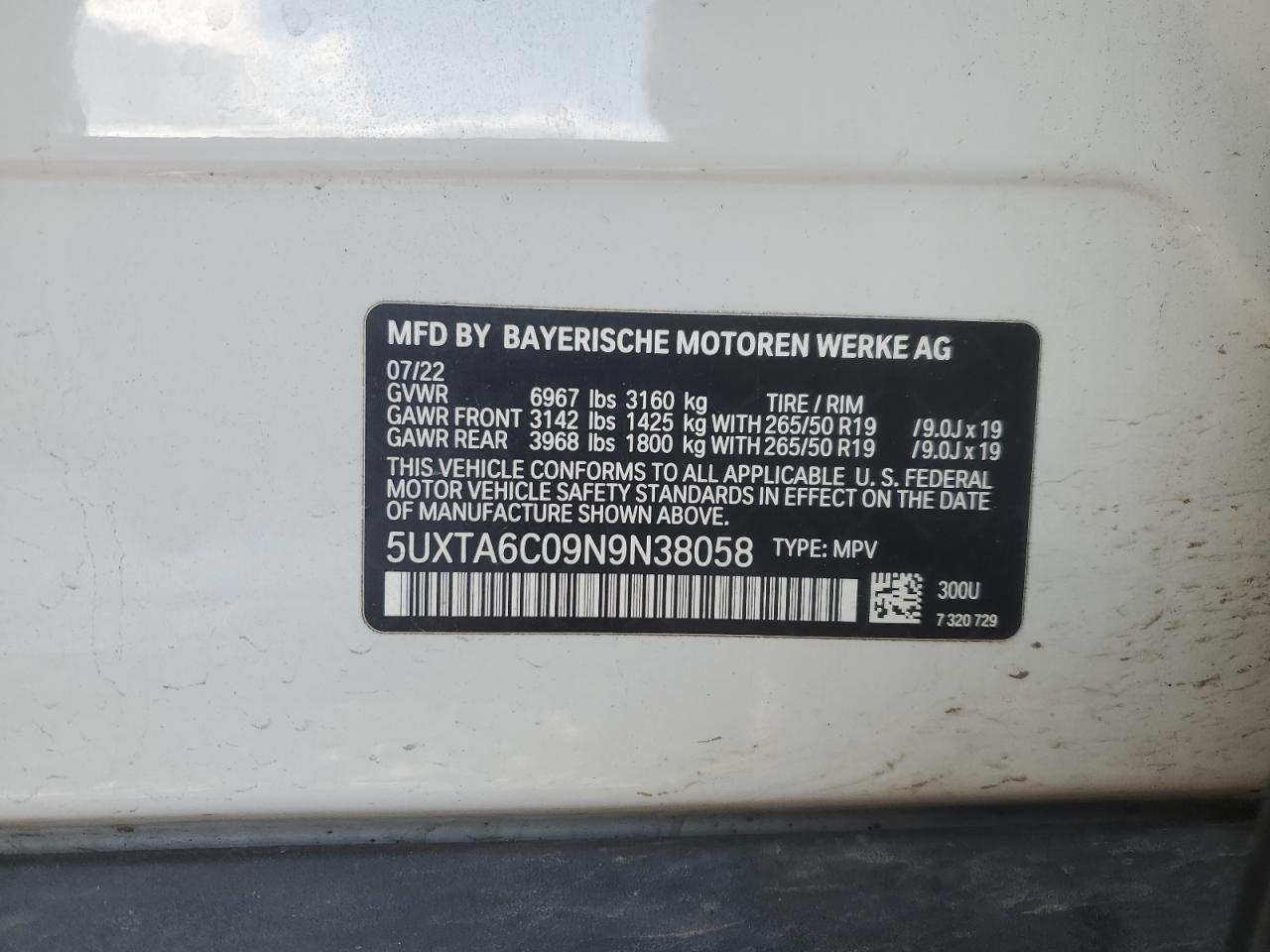 2022 BMW X5 XDRIVE45E VIN:5UXTA6C09N9N38058