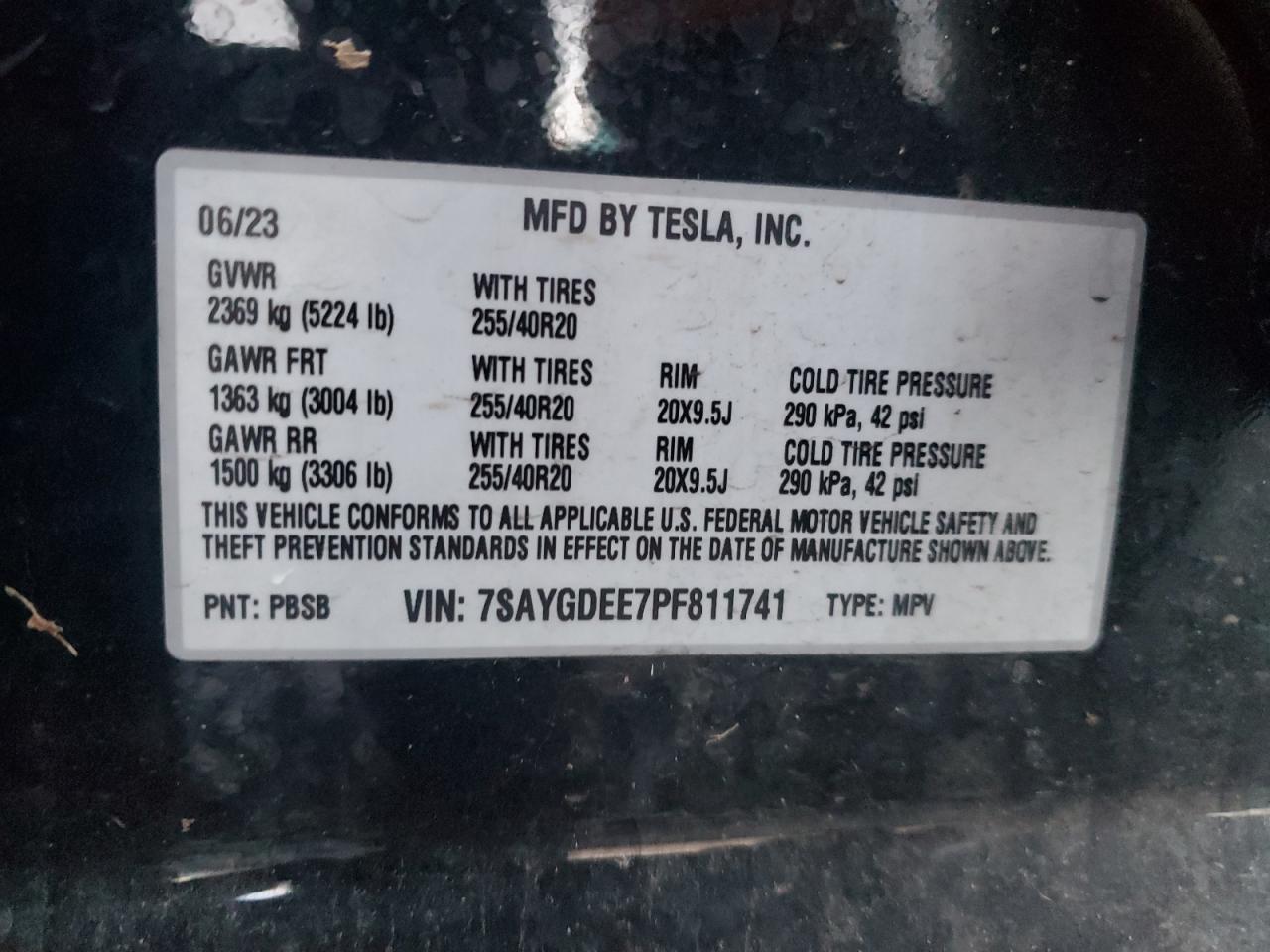 2023 TESLA MODEL Y VIN:7SAYGDEE7PF811741