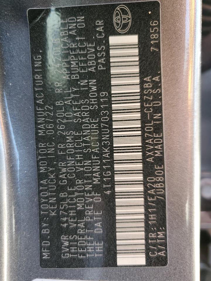 2022 TOYOTA CAMRY SE VIN:4T1G11AK3NU703119