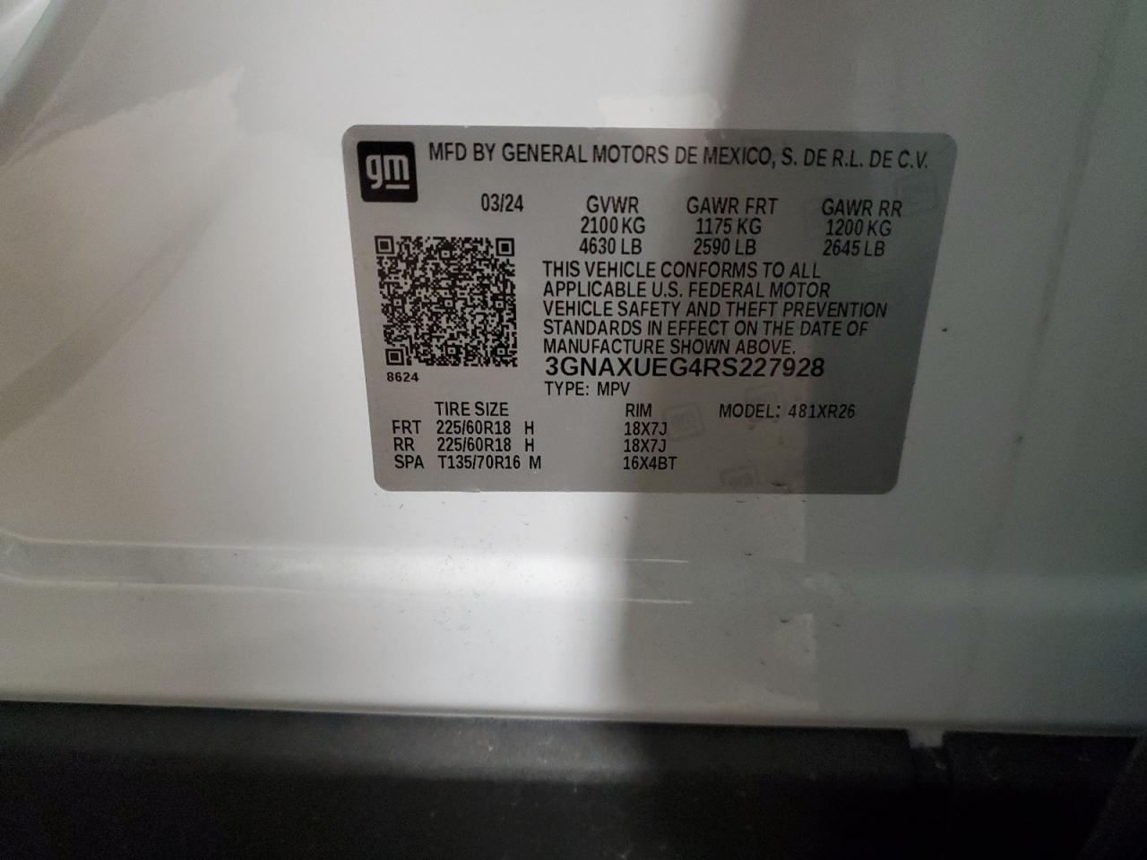 2024 CHEVROLET EQUINOX LT VIN:3GNAXUEG4RS227928