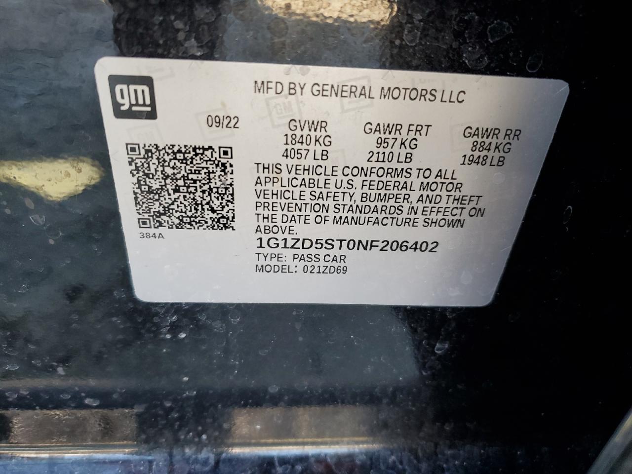 2022 CHEVROLET MALIBU LT VIN:1G1ZD5ST0NF206402