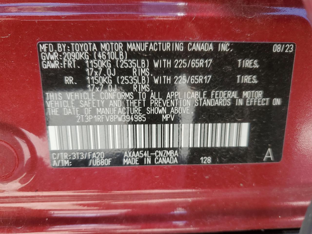 2023 TOYOTA RAV4 XLE VIN:2T3P1RFV8PW394985