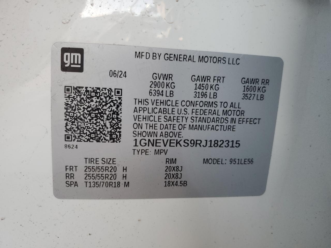 2024 CHEVROLET TRAVERSE LS VIN:1GNEVEKS9RJ182315