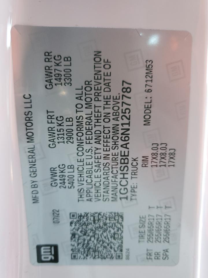 2022 CHEVROLET COLORADO VIN:1GCHSBEA6N1257787