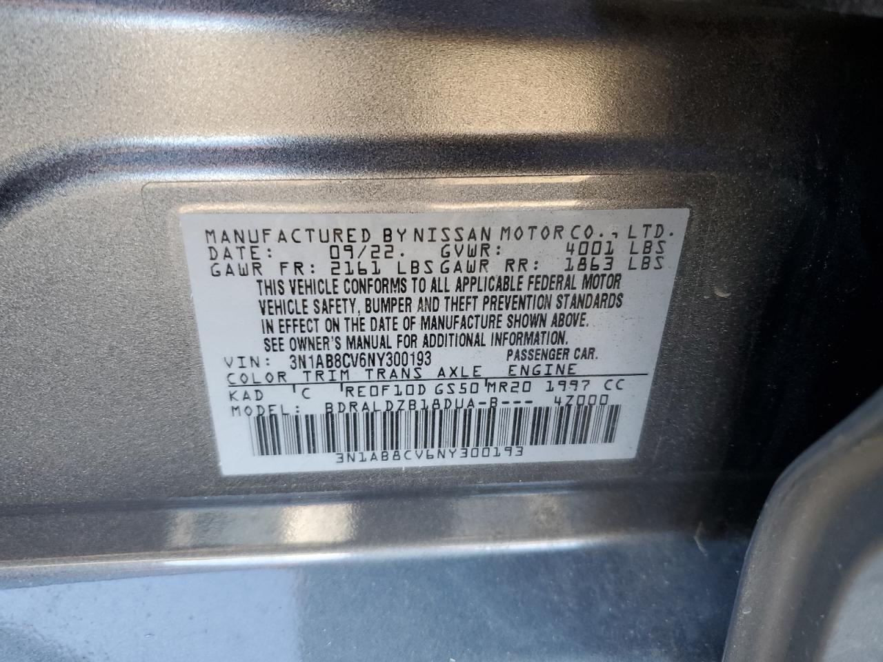 2022 NISSAN SENTRA SV VIN:3N1AB8CV6NY300193