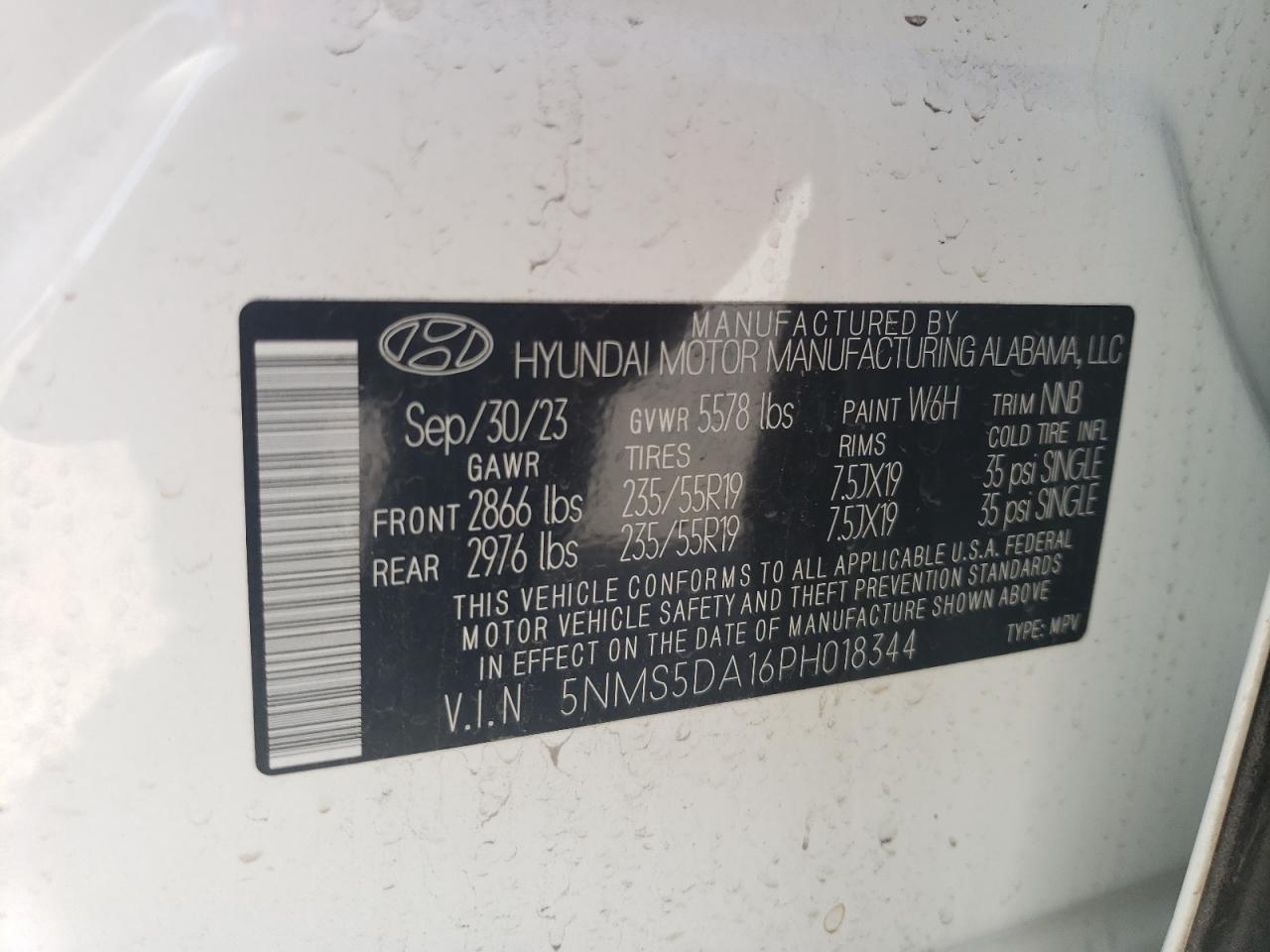 2023 HYUNDAI SANTA FE LIMITED VIN:5NMS5DA16PH018344