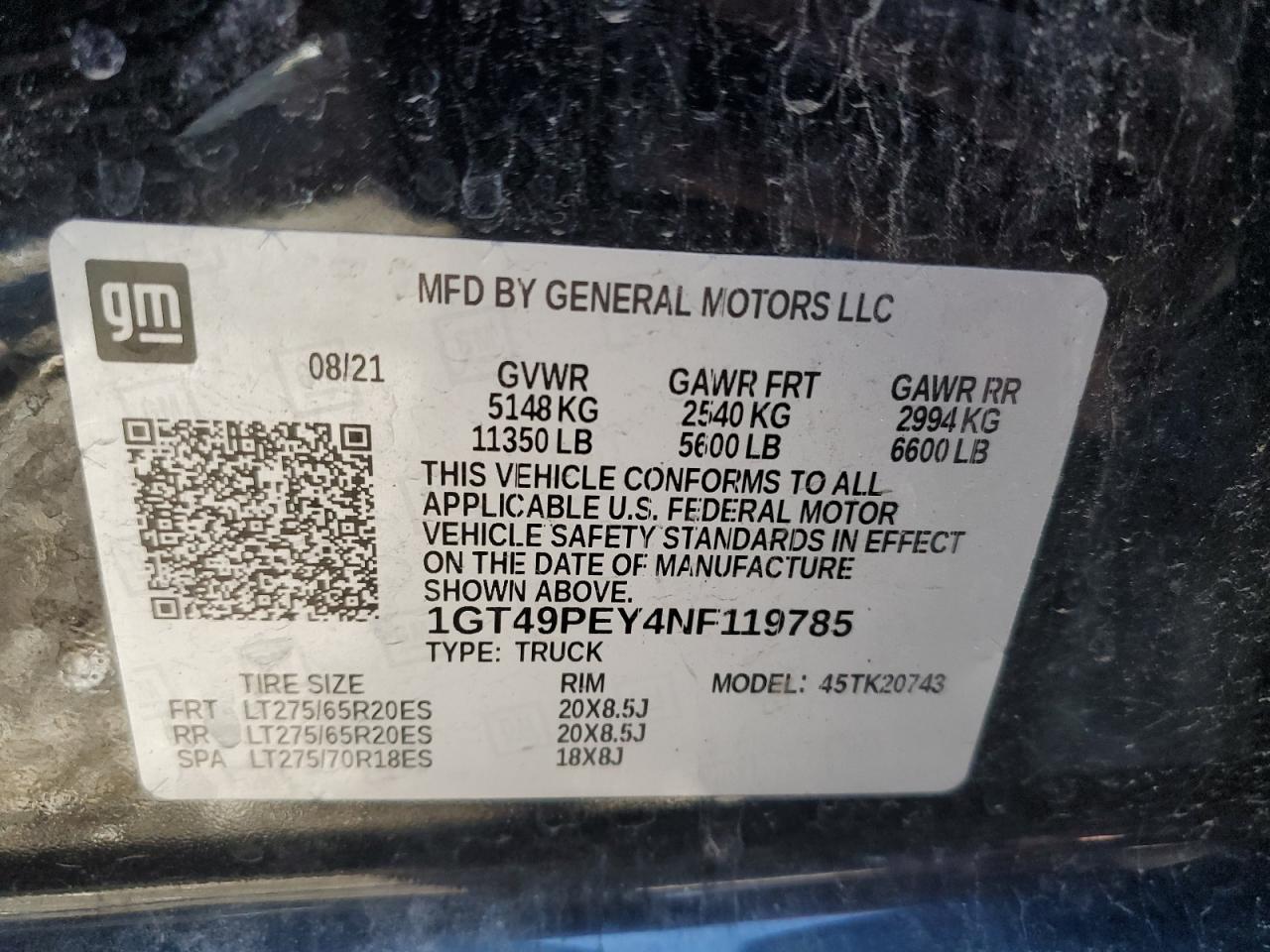 2022 GMC SIERRA K2500 AT4 VIN:1GT49PEY4NF119785