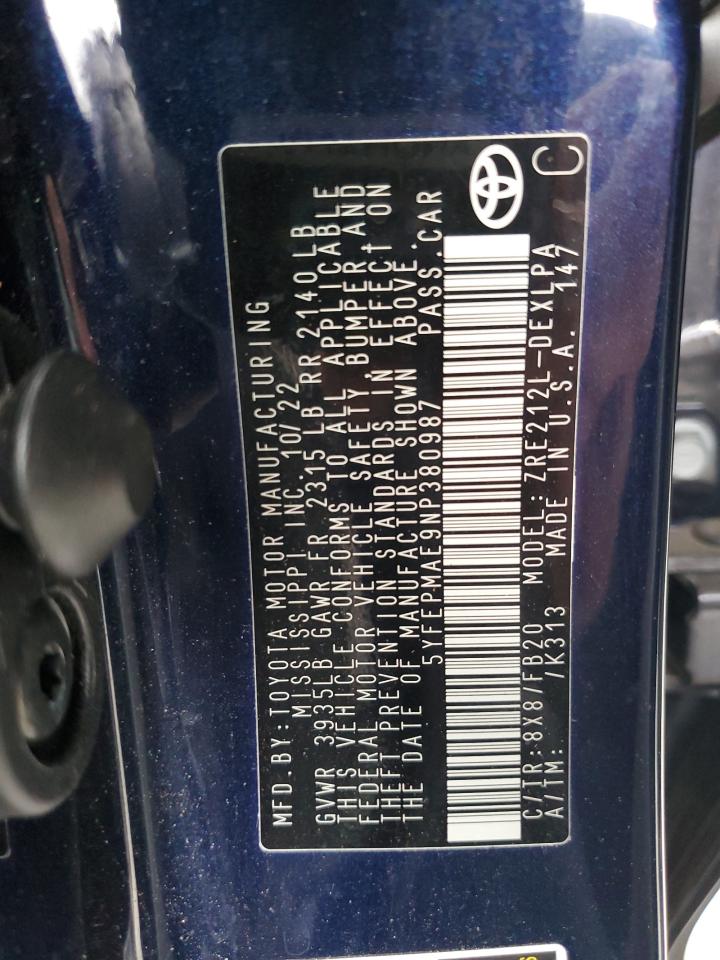 2022 TOYOTA COROLLA LE VIN:5YFEPMAE9NP380987