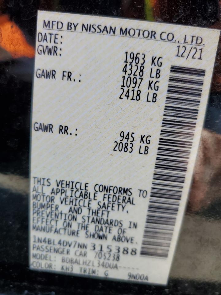 2022 NISSAN ALTIMA SV VIN:1N4BL4DV7NN315388