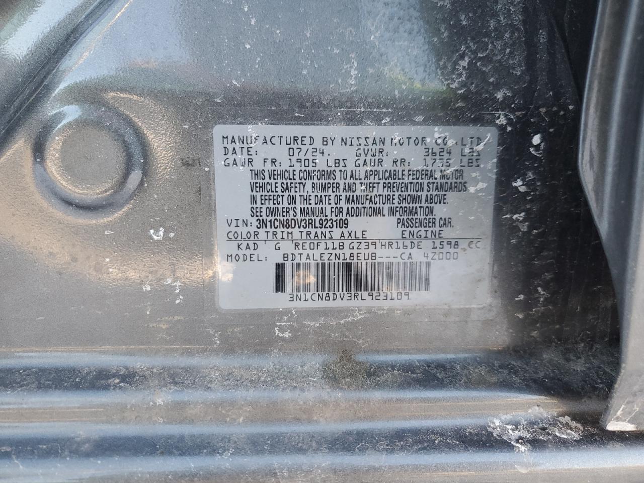 2024 NISSAN VERSA S VIN:3N1CN8DV3RL923109