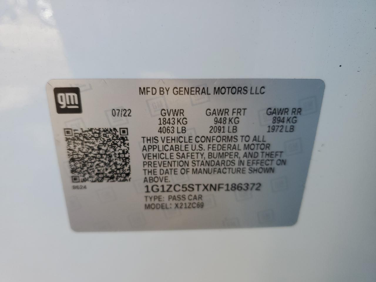 2022 CHEVROLET MALIBU LS VIN:1G1ZC5STXNF186372