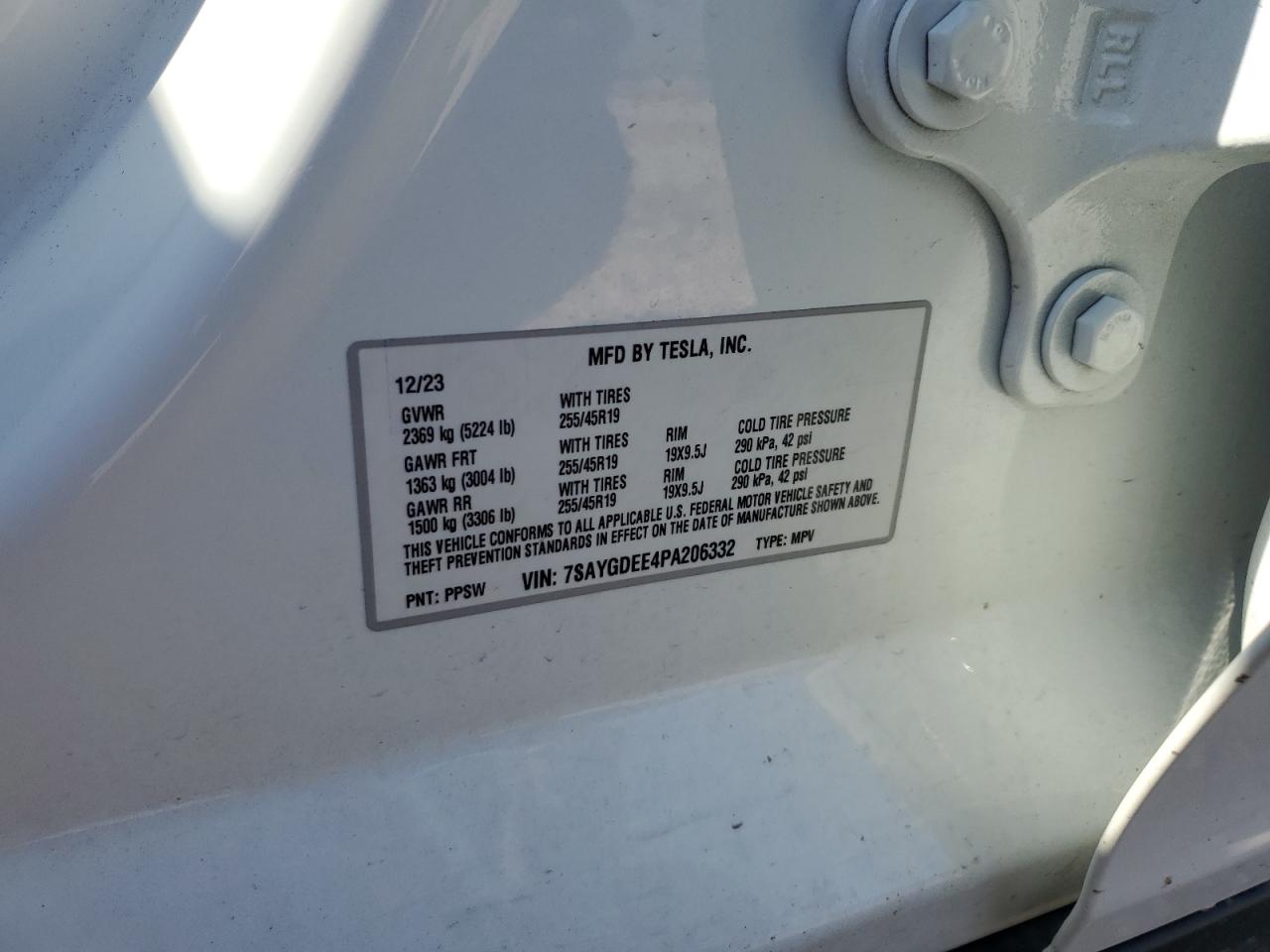 2023 TESLA MODEL Y VIN:7SAYGDEE4PA206332