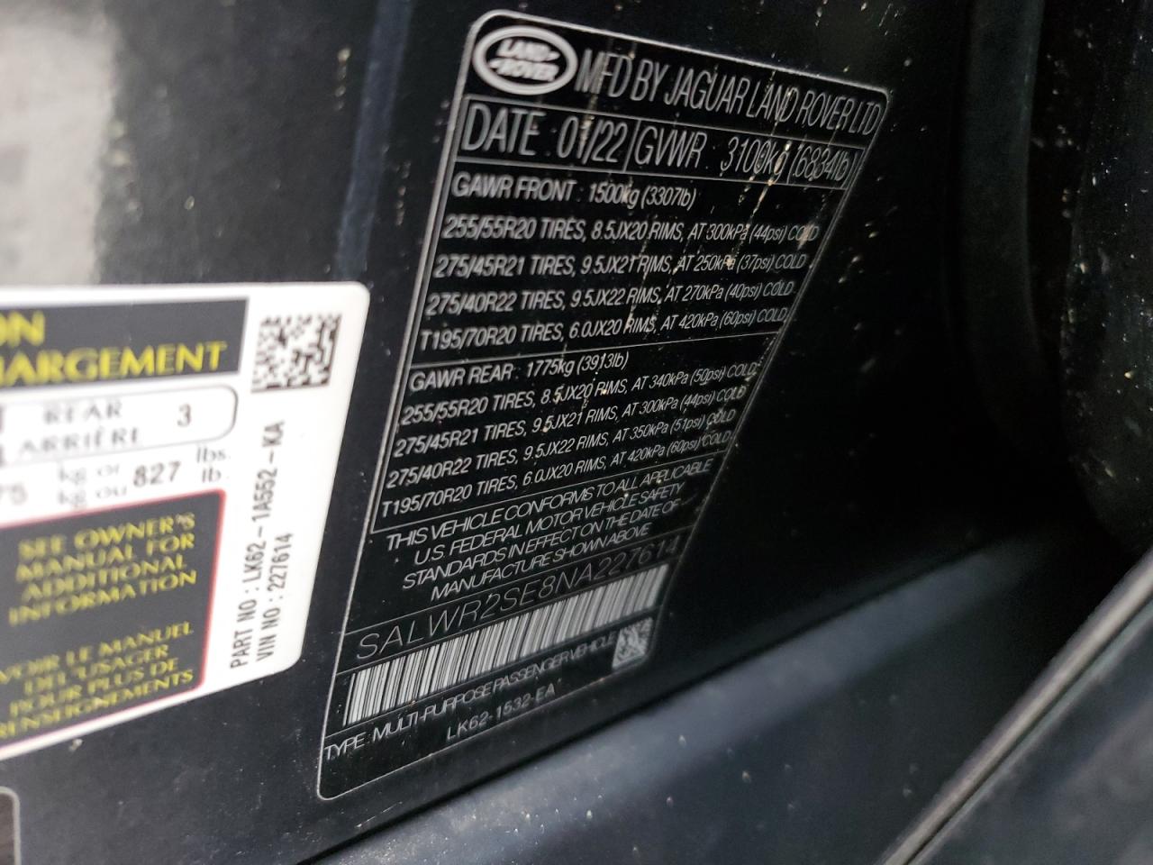 2022 LAND ROVER RANGE ROVER SPORT HSE DYNAMIC VIN:SALWR2SE8NA227614