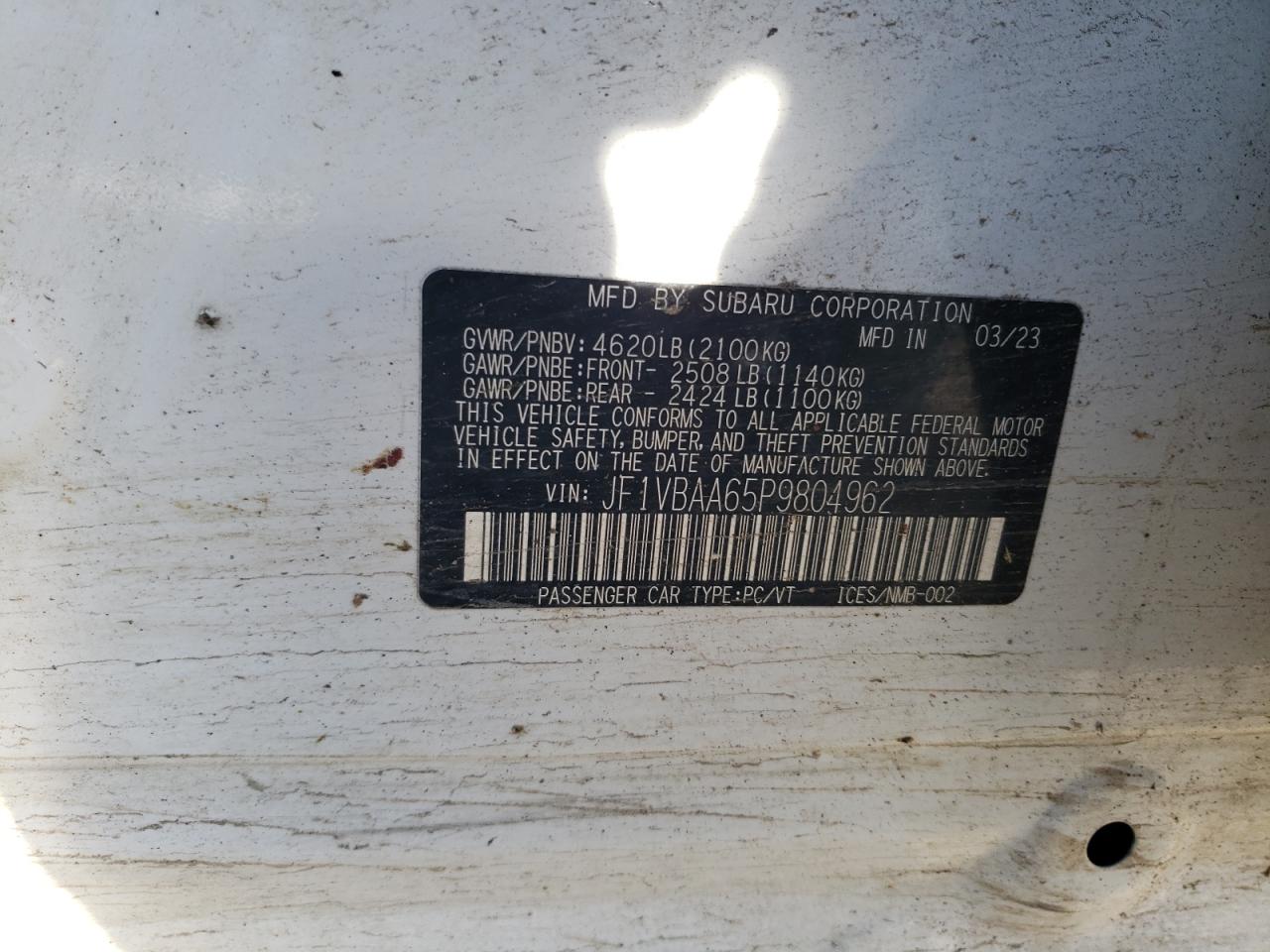 2023 SUBARU WRX VIN:JF1VBAA65P9804962