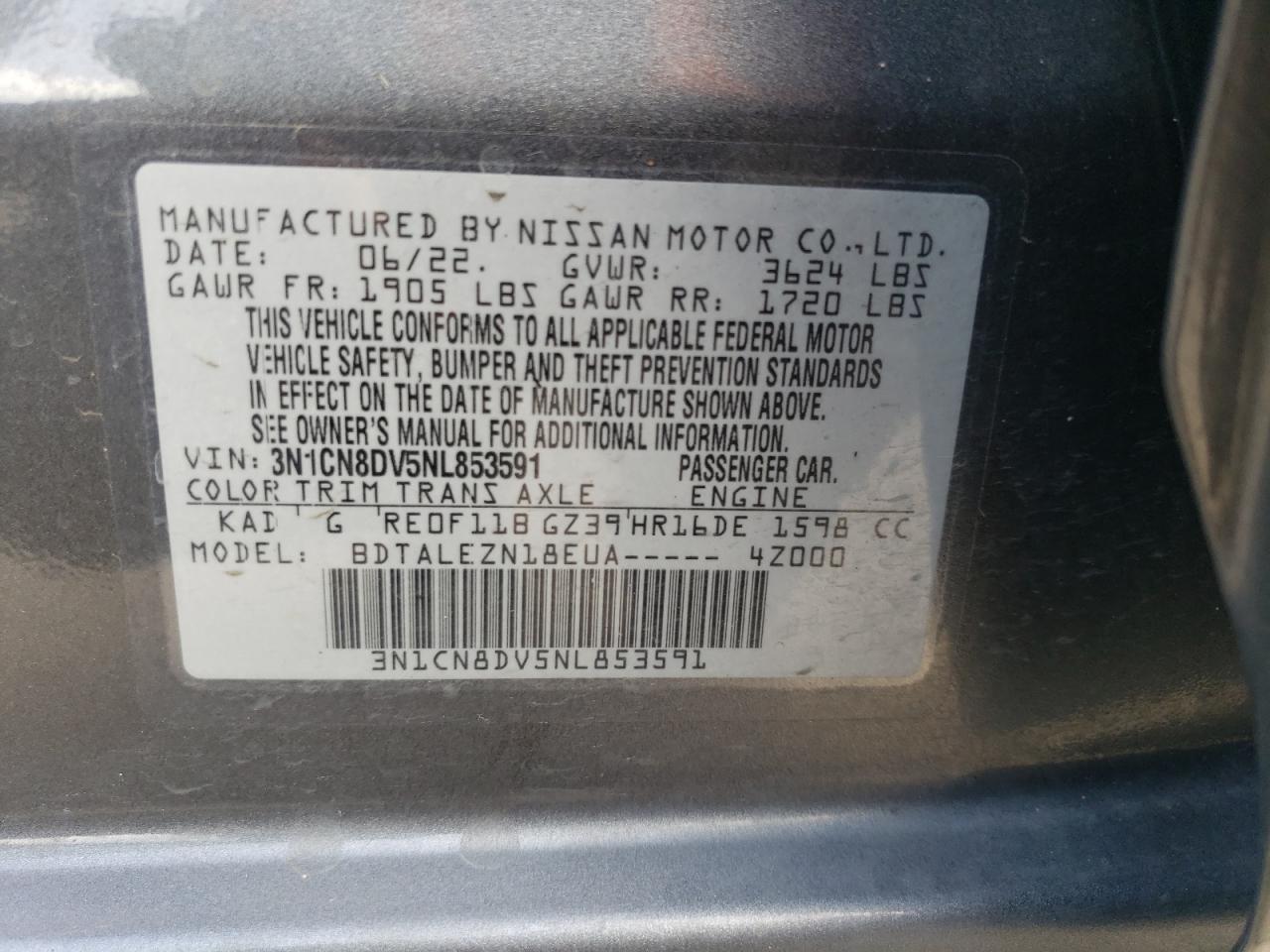 2022 NISSAN VERSA S VIN:3N1CN8DV5NL853591