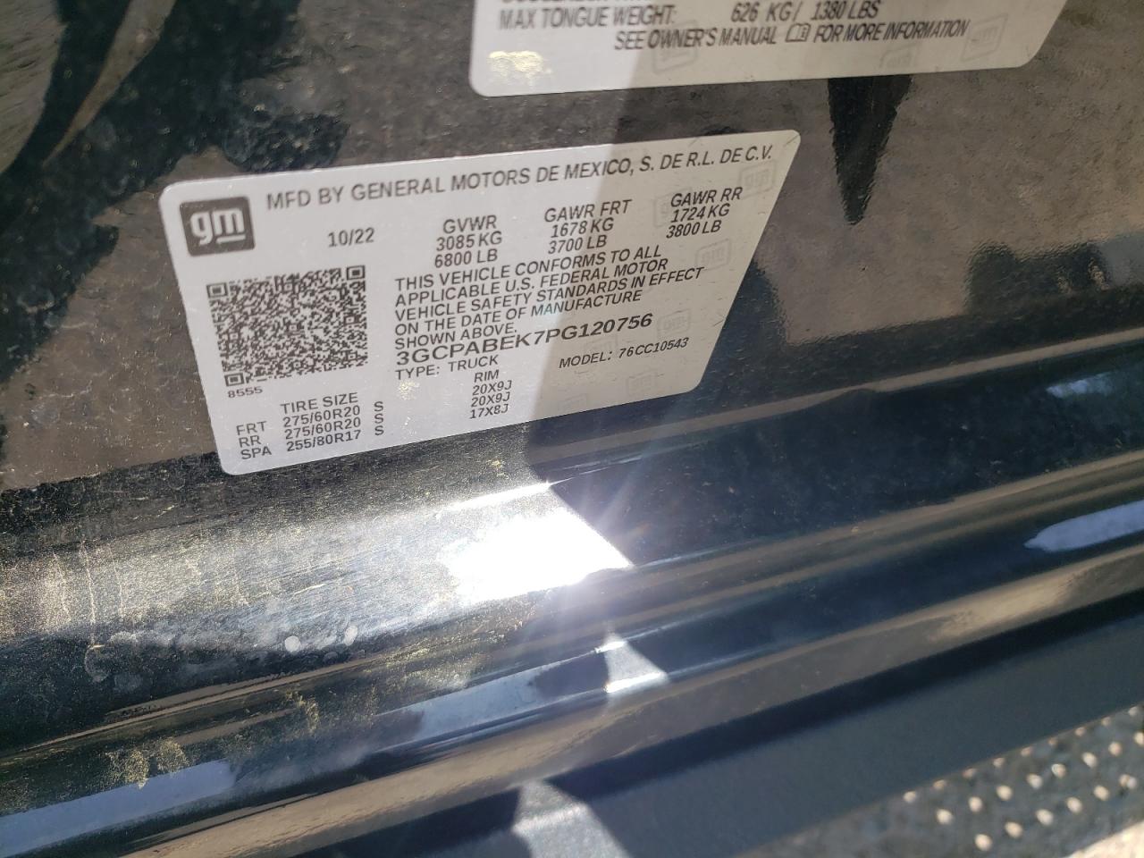 2023 CHEVROLET SILVERADO C1500 CUSTOM VIN:3GCPABEK7PG120756