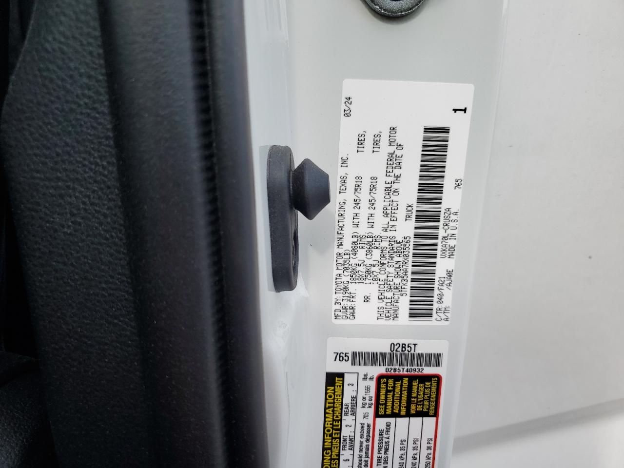 2024 TOYOTA TUNDRA DOUBLE CAB SR VIN:5TFKB5AA7RX035565
