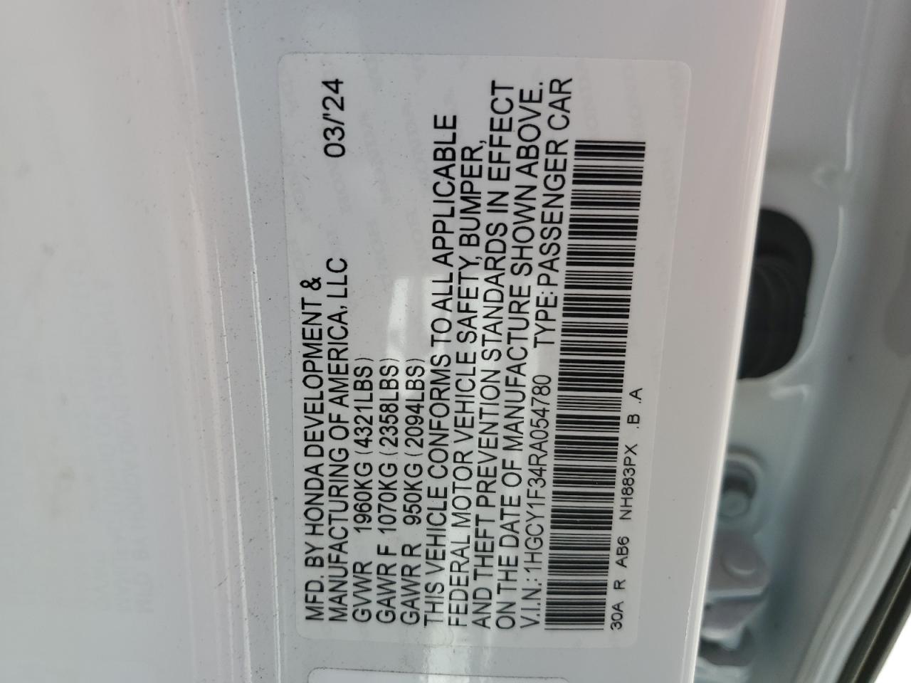 2024 HONDA ACCORD EX VIN:1HGCY1F34RA054780