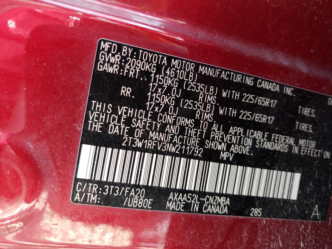 2022 TOYOTA RAV4 XLE VIN:2T3W1RFV3NW211792