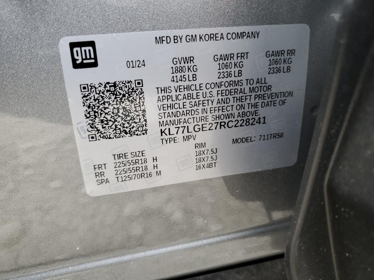 2024 CHEVROLET TRAX 1RS VIN:KL77LGE27RC228241