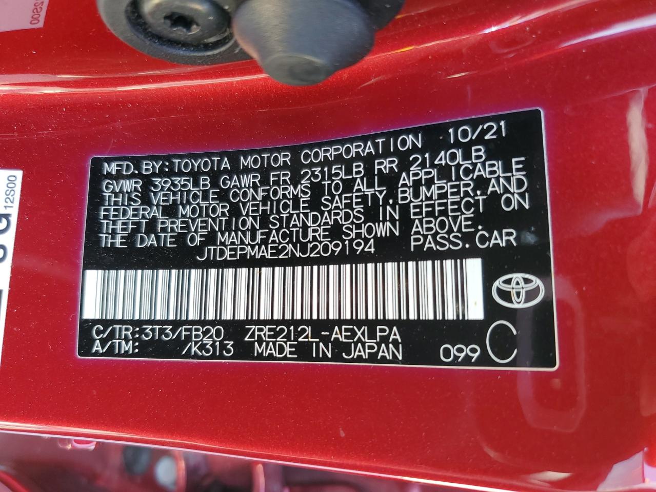 2022 TOYOTA COROLLA LE VIN:JTDEPMAE2NJ209194