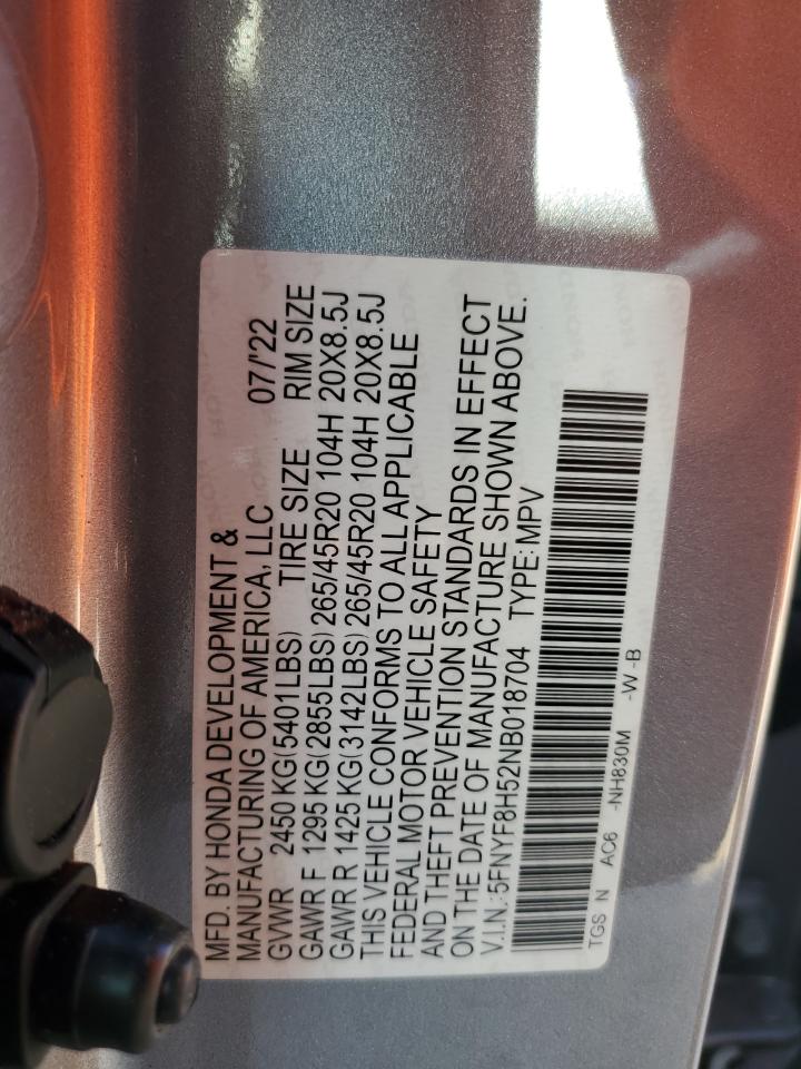 2022 HONDA PASSPORT EXL VIN:5FNYF8H52NB018704